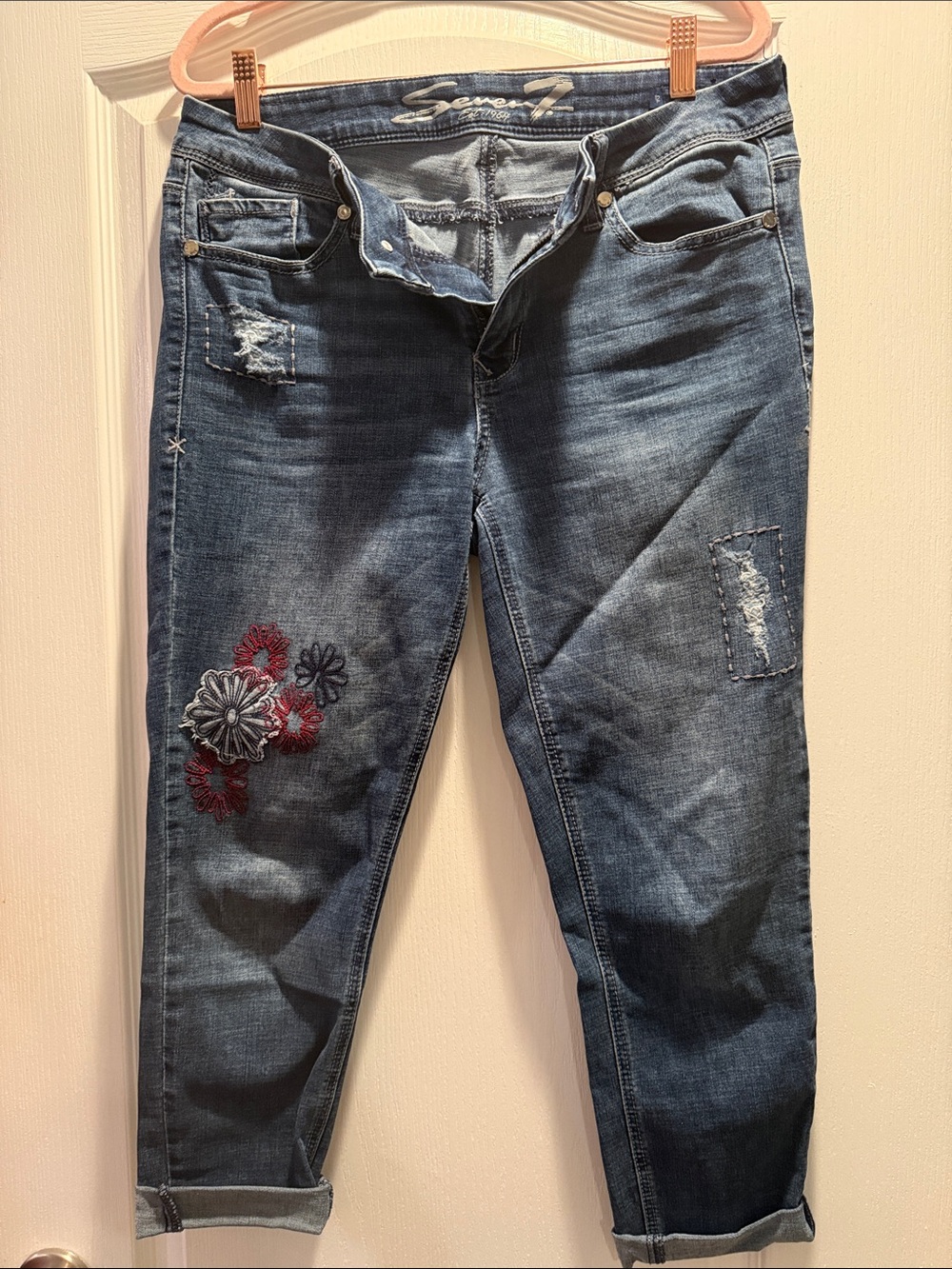 Seven7 Dark Blue Embroidered Ankle Jeans